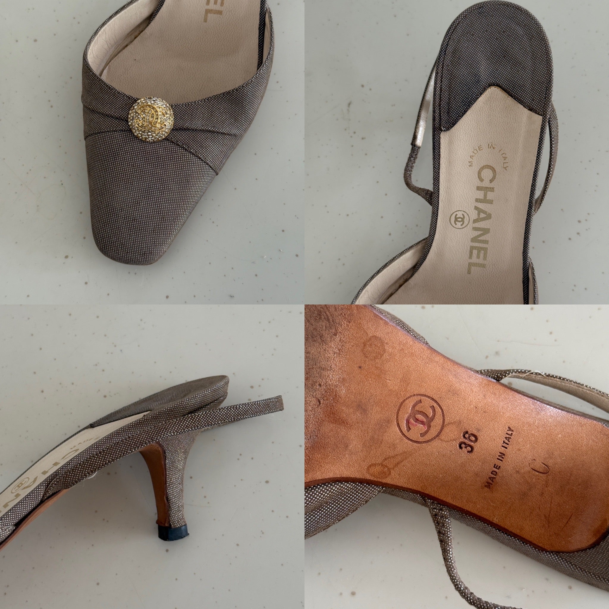 靴 Vintage Chanel Slingback Heels 36 1/2 CHANEL Slingback Pearls CC Logo Heels Two Tone Leather Satin Shoes